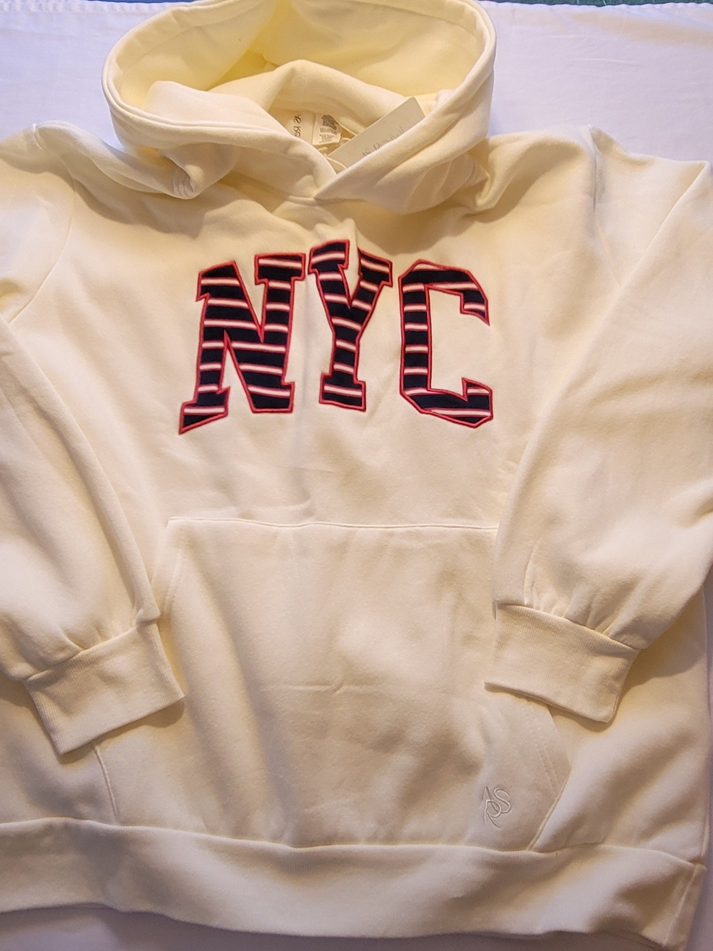 Altar'd State Cream Hoodie with Striped NYC Appliqué